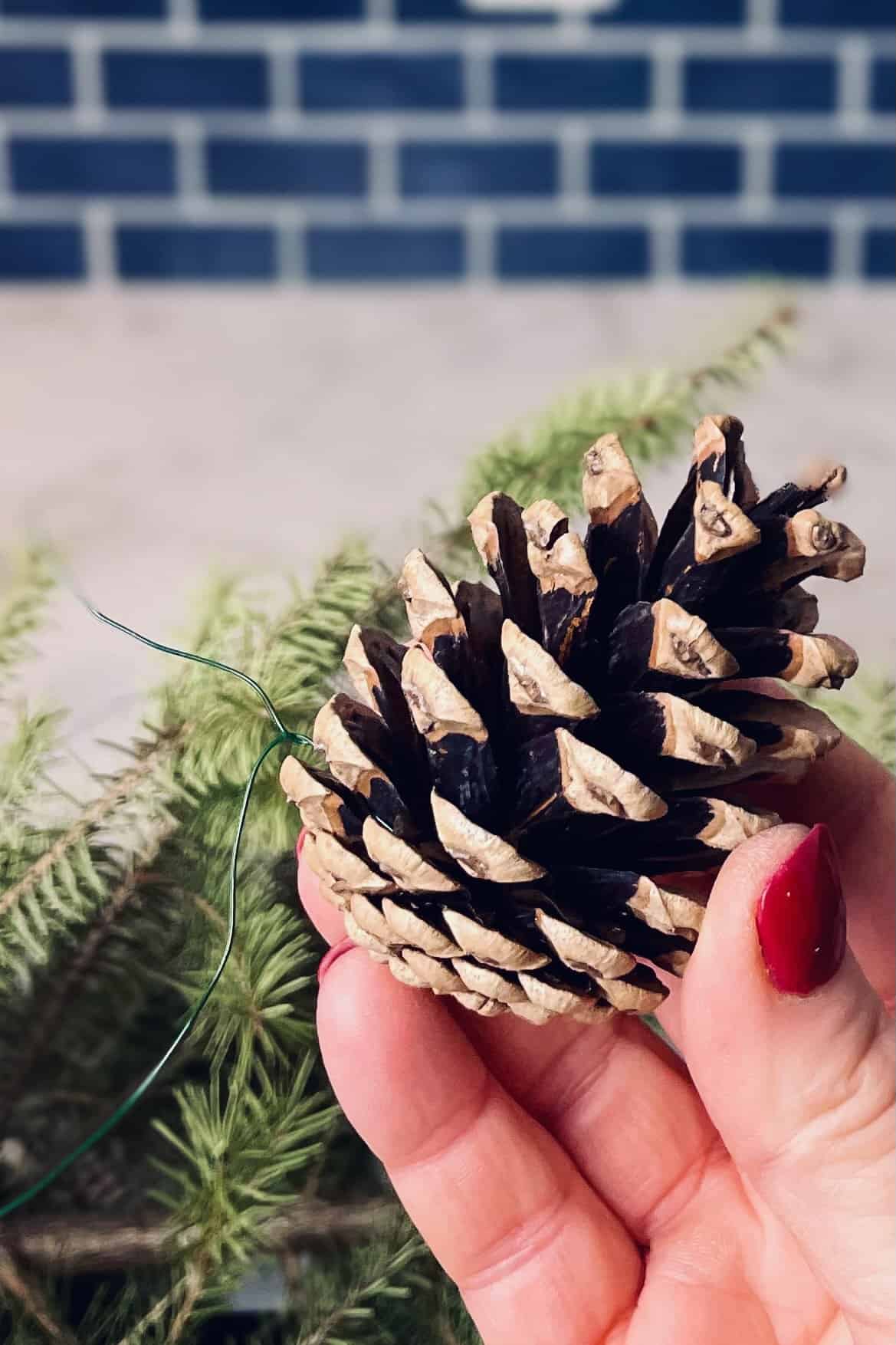 Pinecone with floral wire for attaching to tree.