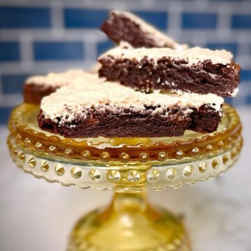 Chocolate brownies with tahini buttercream frosting.