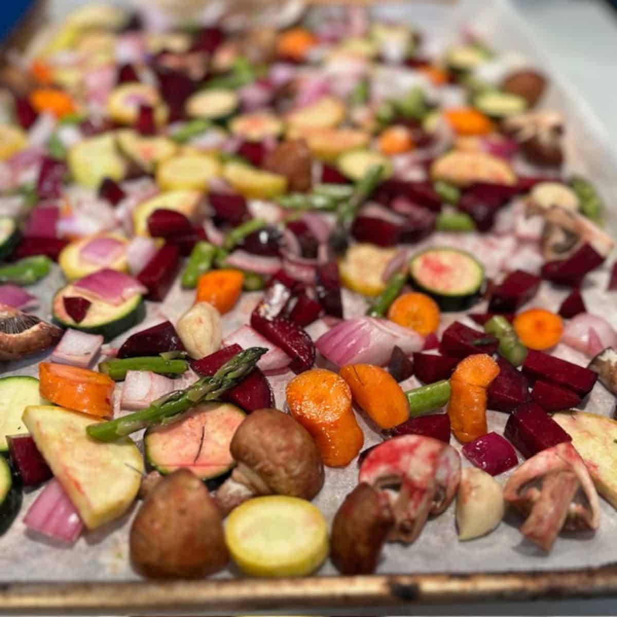 Baking sheet with roasted veggies.