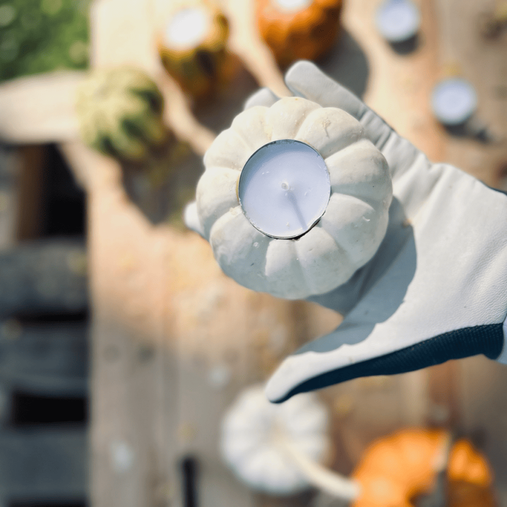 A white gloved hand holding a white pumpkin with a tealight in it. 
