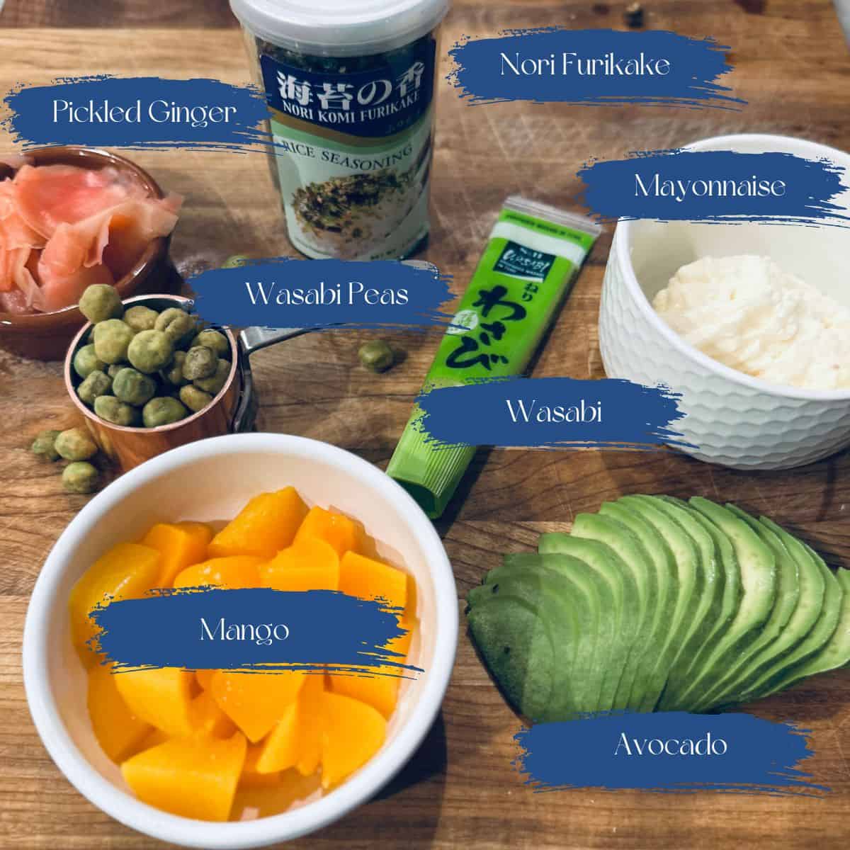 Labeled ingredients for a spicy salmon bowl.