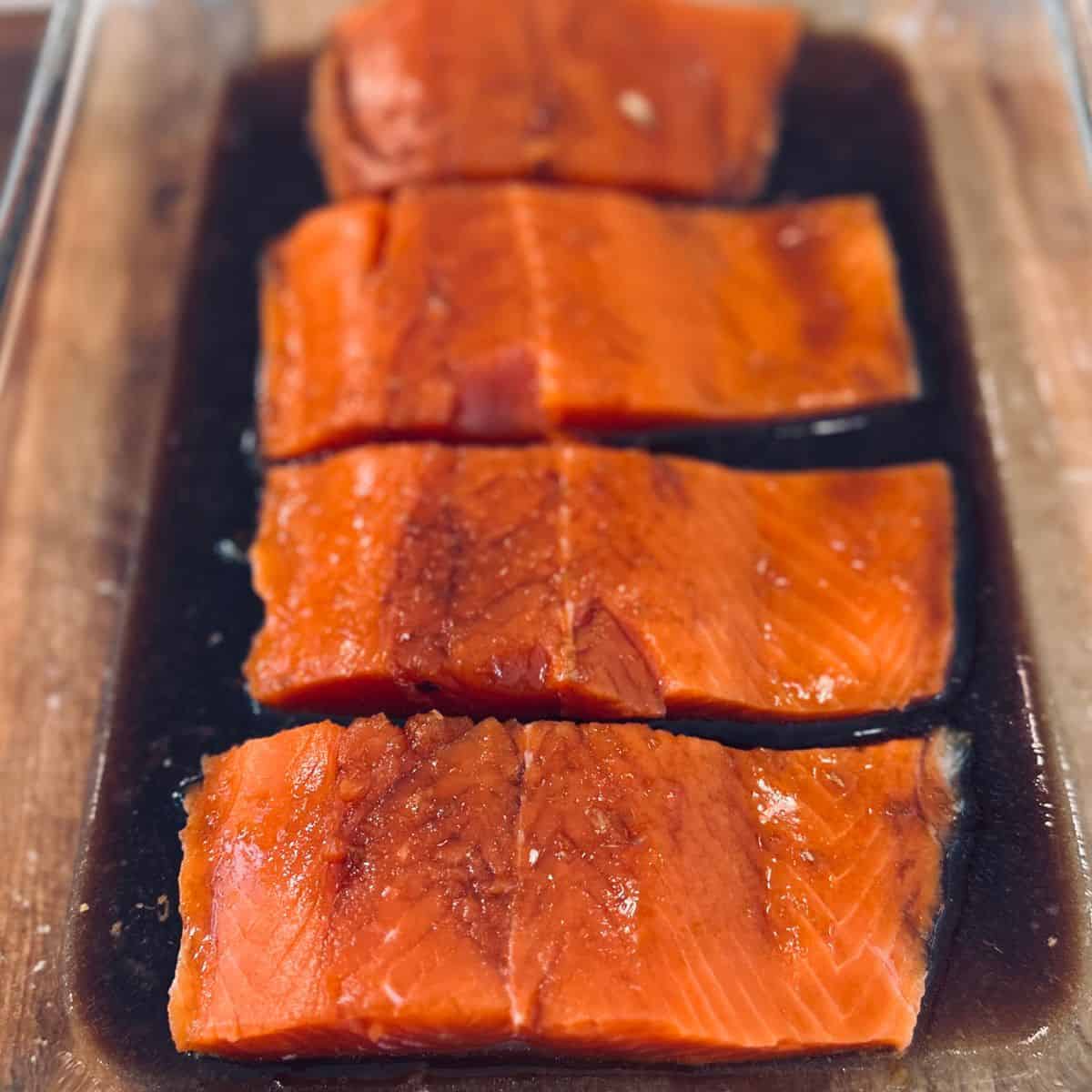 4 marinated salmon filets in a baking dish.
