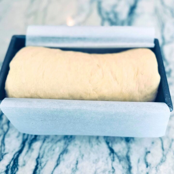 Cottage cheese bread dough in the pan.