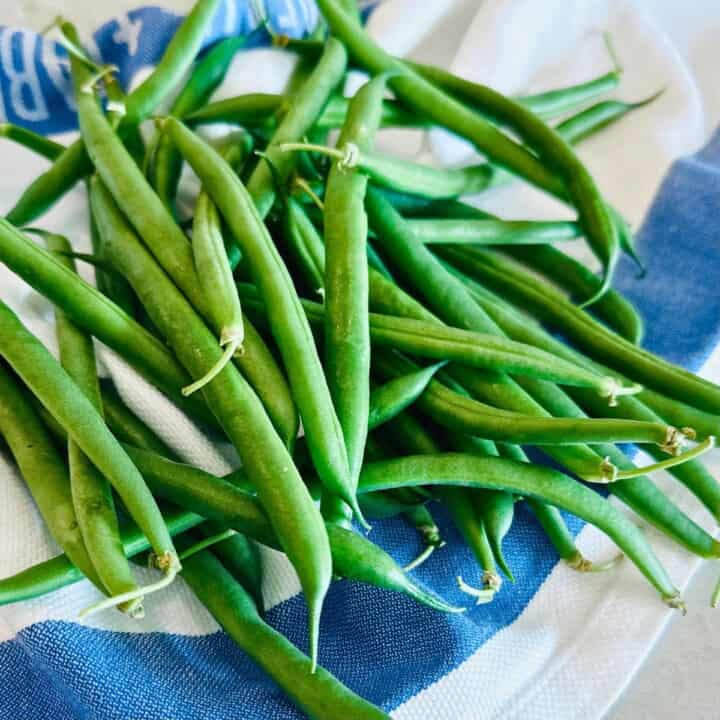 Green beans on a blue and white dish towel.