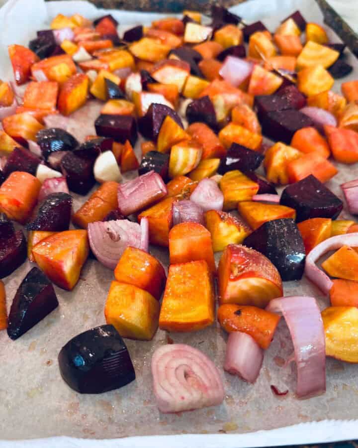 Sheet pan of root vegetables.