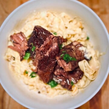 Beef short ribs fettuccine in a white bowl.