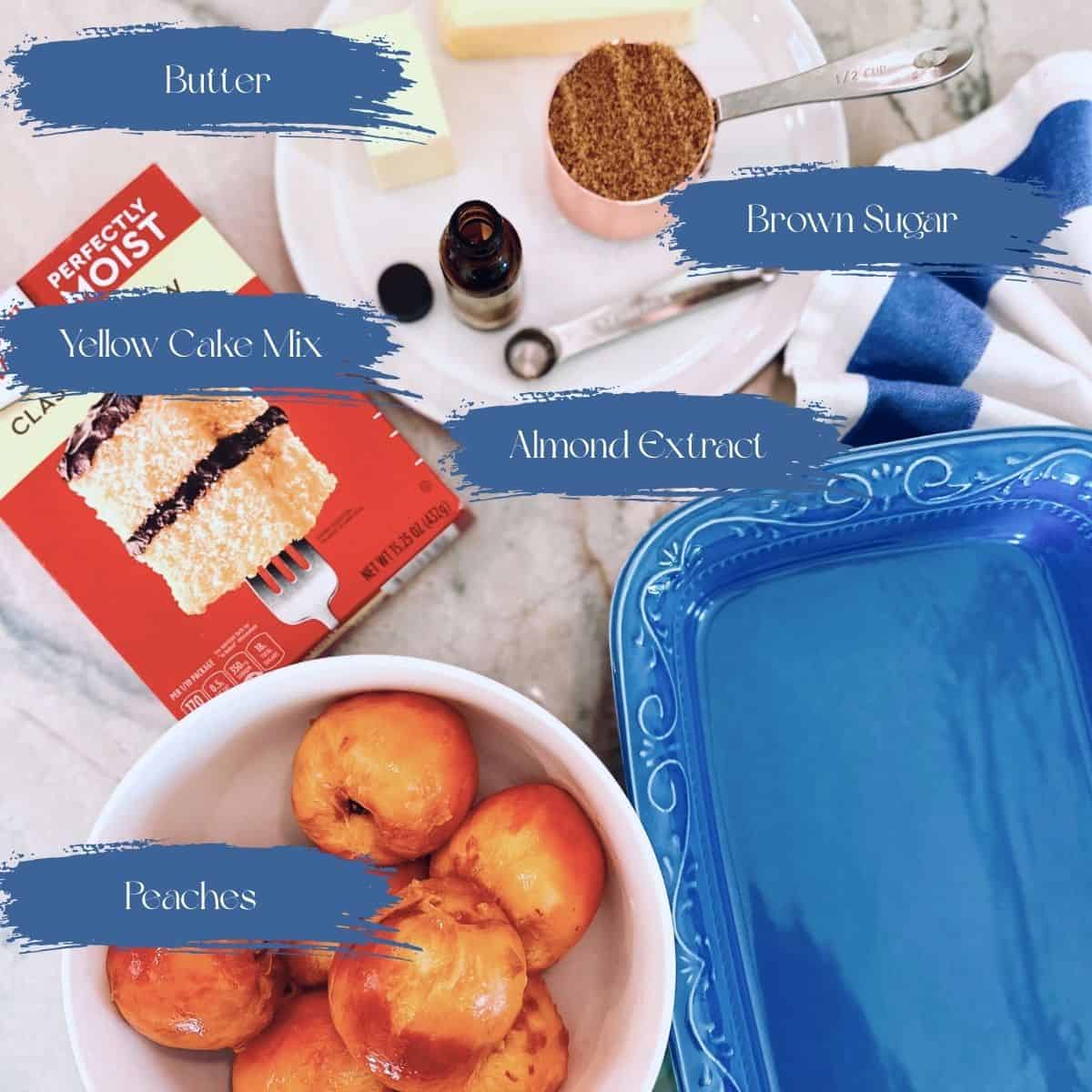 Labeled ingredients for a peach dump cake.