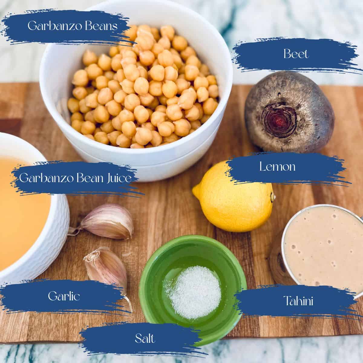 Picture with labeled ingredients for beet hummus.