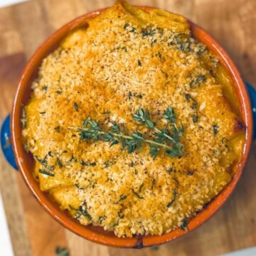 Butternut squash mac and cheese in a bowl.