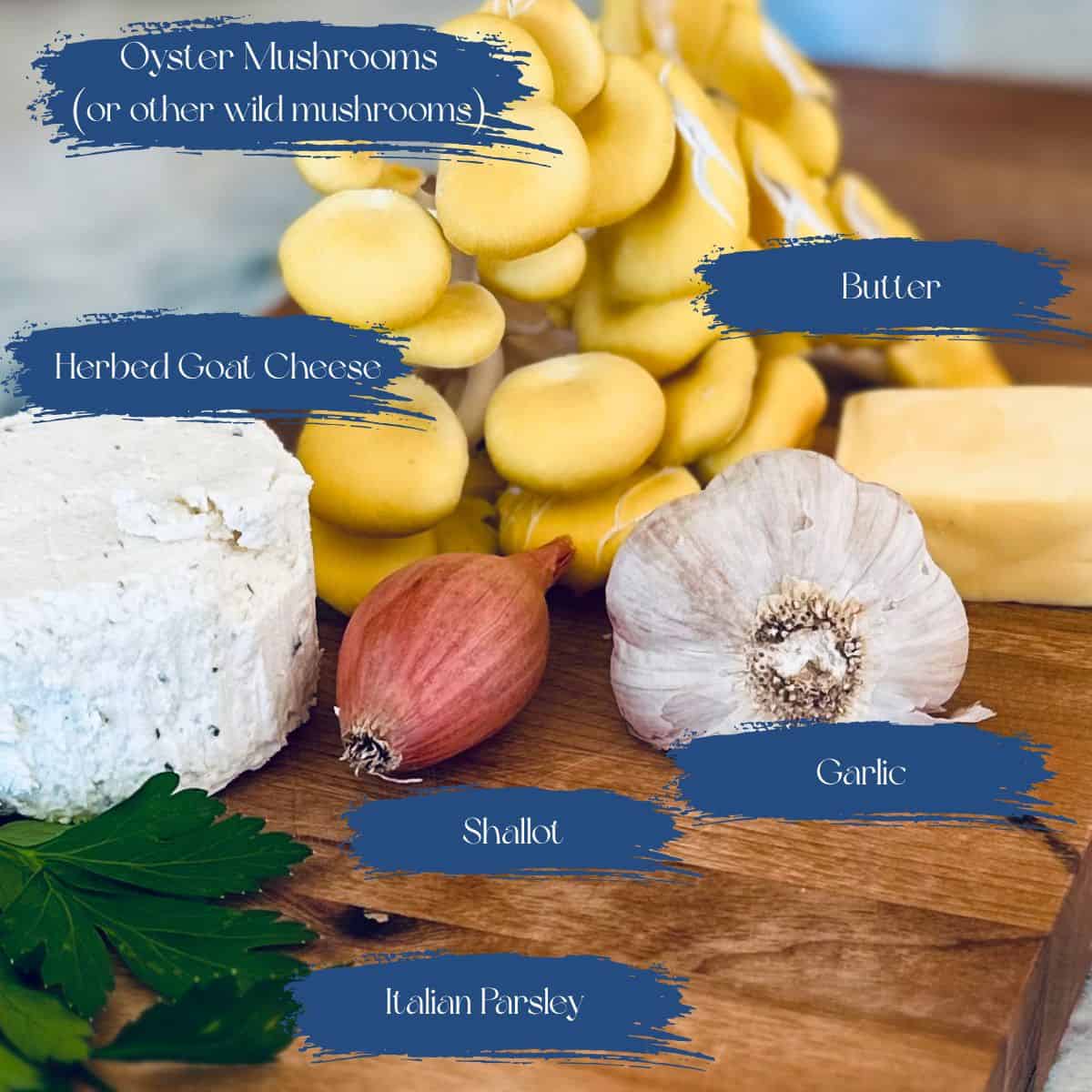 Labeled ingredients for sauteed mushroom crostini.