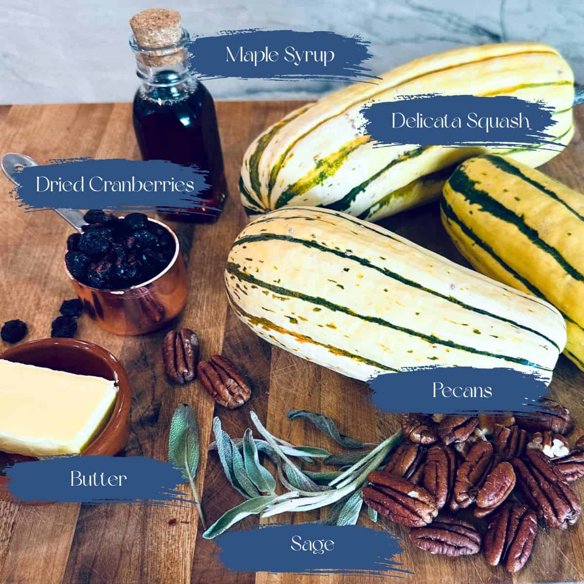 Labeled ingredients for a roasted delicata squash recipe.